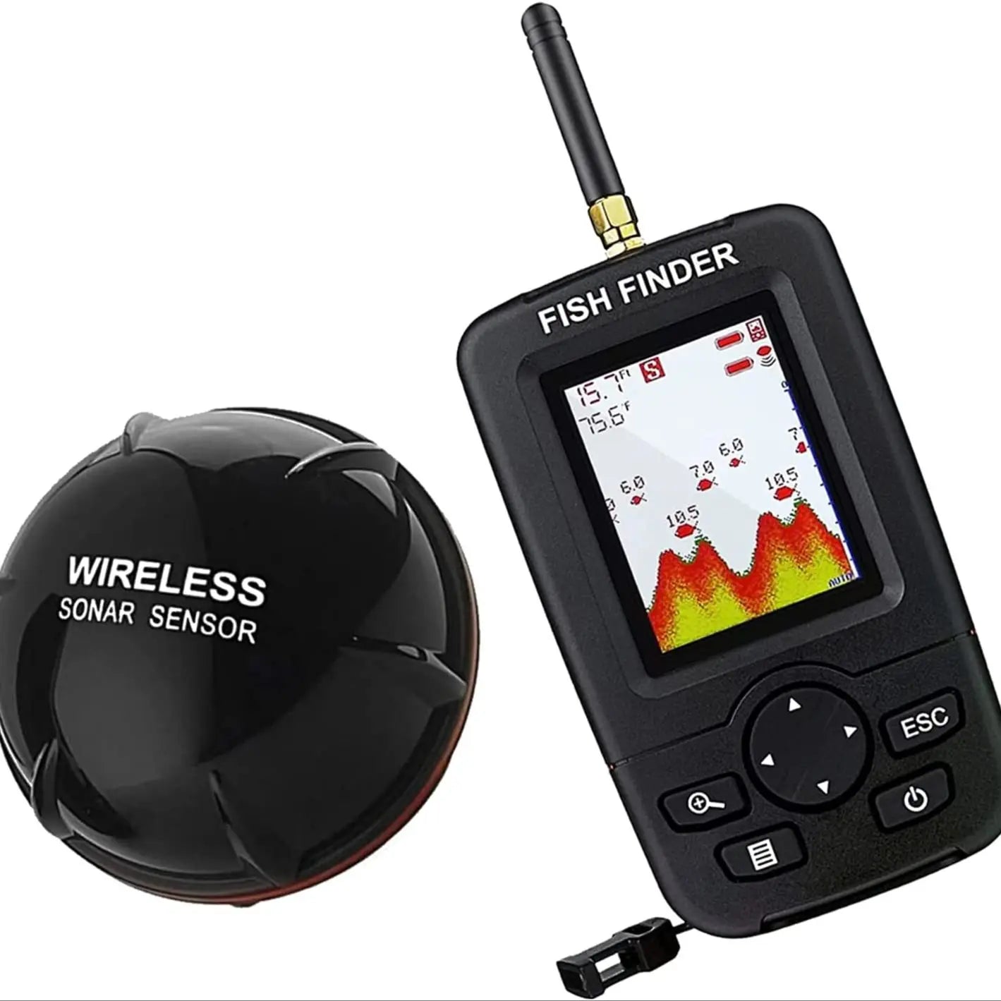 Fish finder with wireless sonar sensor on a white background