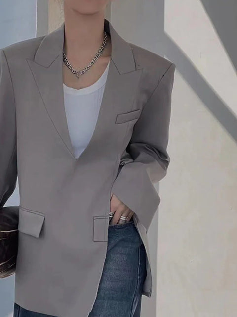 Blazer Women V-Neck Long Sleeve Solid Color Medium Length Pocket Split Elegant Office Suit Jacket
