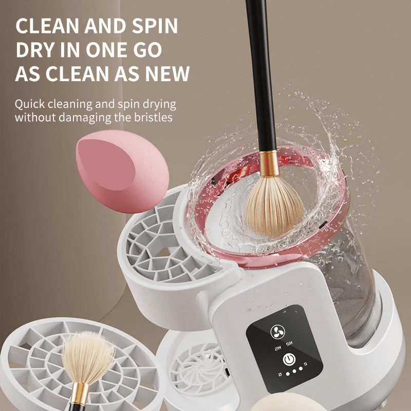 Brush cleaning and drying device with text highlighting its features
