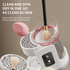 Brush cleaning and drying device with text highlighting its features