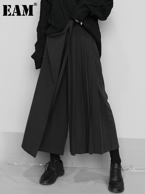 High Waist Wide Leg Pants Women Elastic Black Pleated Split Loose Fit Casual Fashion Trousers