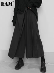 Women's Elastic Waist Wide Leg Loose Fit Pants Black Pleated Split Wide Leg Trousers