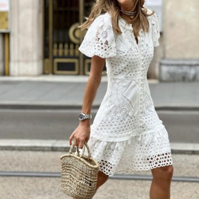 Women's White Lace V Neck Short Sleeve Dress Hollow Out Embroidered Button Party Dress