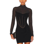 Boutique Fashion Women's Sexy Turtleneck Long Sleeve Mesh Black Mini Bodycon Bandage Dress Elegant Evening Club Party Dress