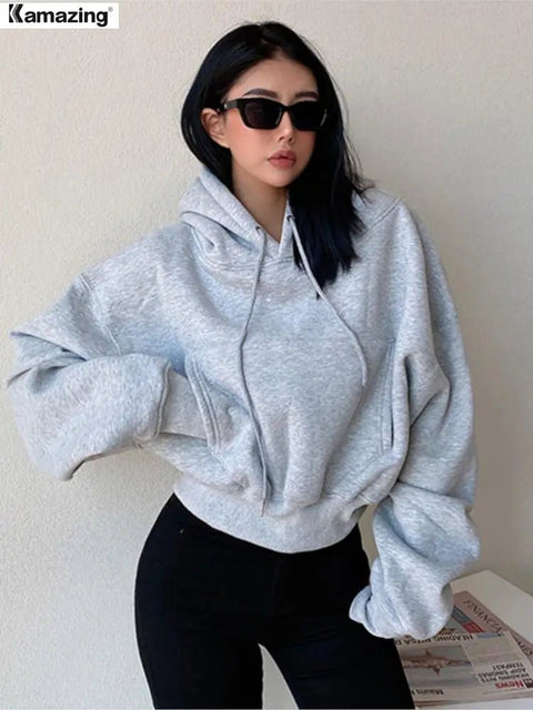 Hoodie Women Solid Fleece Long Sleeve Cropped Oversized Comfy Streetwear Pullover Casual Fashion