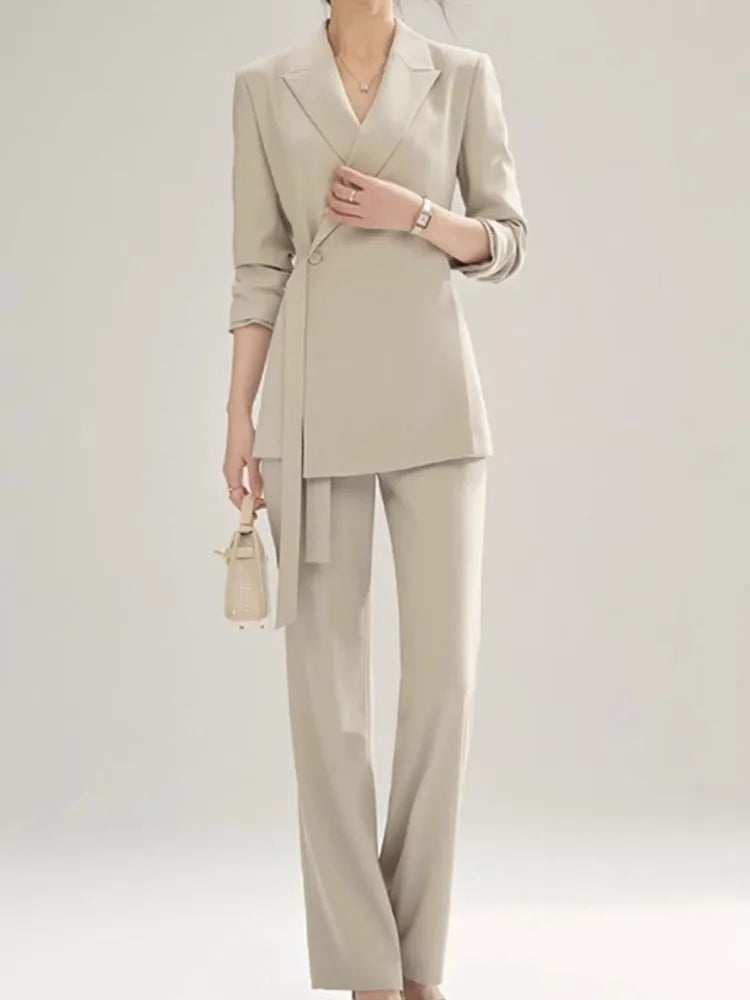 Women's Pant & Blazer 2 Piece Set Chic Long Sleeve Blazer High Waist Straight Pants Vintage Suit Office Attire