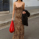 Leopard Print Satin Slip Dress – Sleeveless Cowl Neck Maxi Dress Spaghetti Strap Backless Ruffles Party Gown