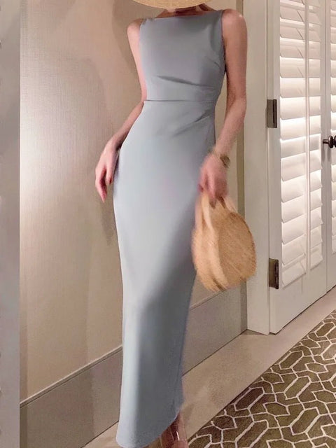 Maxi Dress Women Sleeveless Elegant Bodycon Solid Chic Vintage Casual Summer Long Dress