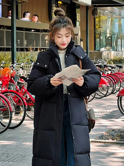 Quilted Winter Coat Women Extra-Long Hooded Thick Warm Padded Loose Casual Outerwear Fashion