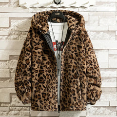 Women's Winter Jacket Warm Faux Fur Coat Leopard Print Coats Stand Collar or with Hood