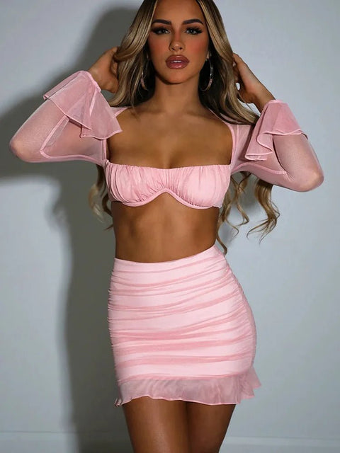 Skirt Set Women 2-Piece Mesh Strapless Full Sleeve Crop Top Mini Skirt Club Party Matching Fashion