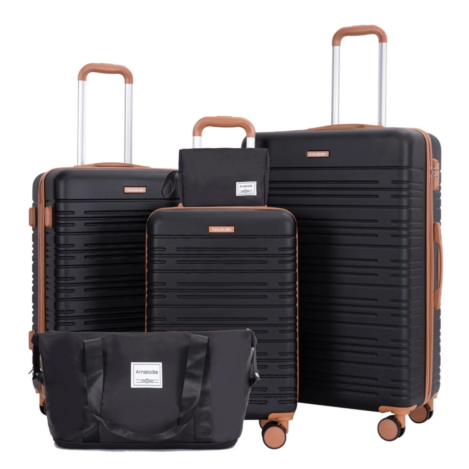 Set of black suitcases with brown handles and wheels on a white background