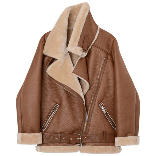 Thick Faux Leather Fur Sheepskin Leather Jacket Women's Aviator Jacket