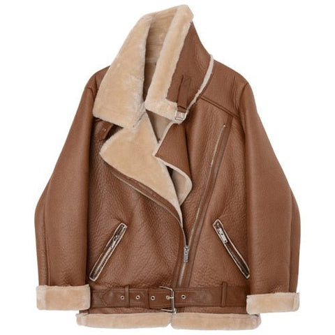 Faux Leather Aviator Jacket Women Thick Fur Sheepskin Warm Winter Casual Outerwear Fashion