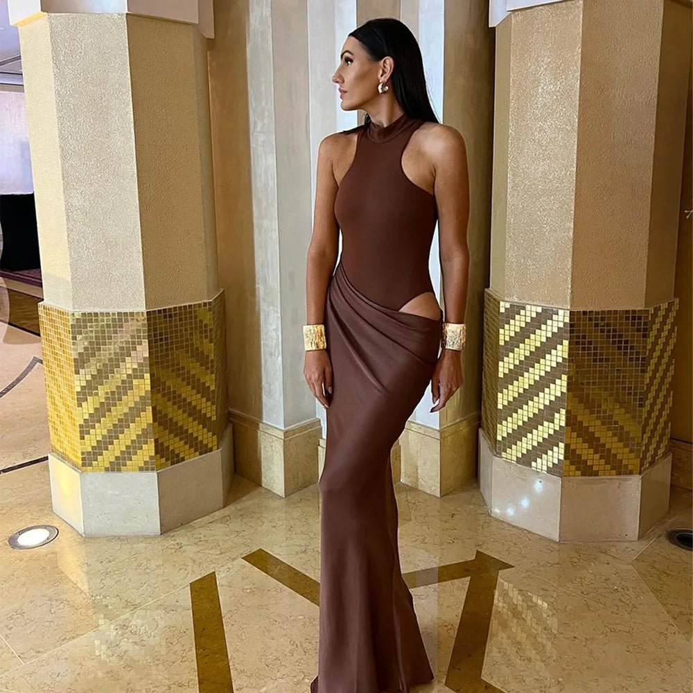 Elegant High-Neck Sleeveless Evening Gown with Draped Satin Skirt