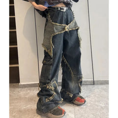 Women's Distressed Blue Jeans Contrasting Colors High Waist American Streetwear Wide Leg Pants Hip Hop Fashion Vintage Straight Trousers
