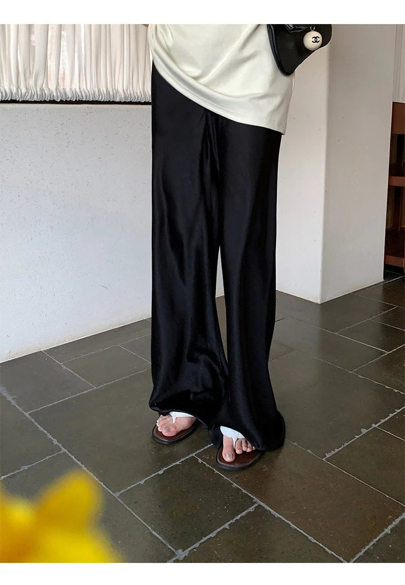 Satin Wide Leg Pants Long Floor Casual Pants Women's Spring Summer Trousers