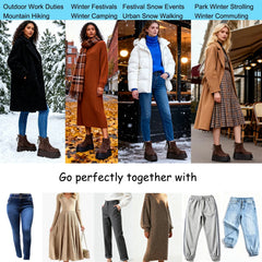 Collage of people in winter clothing with text labels and a section showing matching outfits.