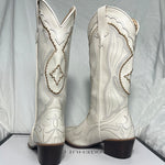Women's White Western Cowboy Boots Chunky Heel Pointed Toe Boots