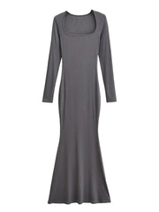 Square Collar Knitted Cotton Maxi Long Mermaid Dress