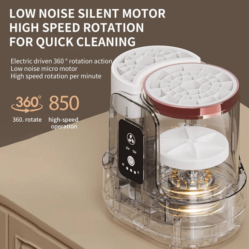 Cleaning device with text highlighting features on a beige background