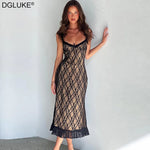 Black Lace Slip Dress Spaghetti Strap Frill Midi Dress Sexy Bodycon Night Club Party Dress