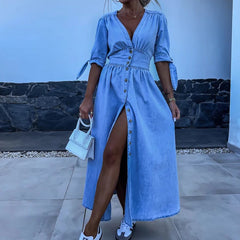 Solid Color V-Neck Single Breasted Jean Dress Elegant High Waist Denim Long Dress All Season Half Sleeve Tie-up Shirt Dress
