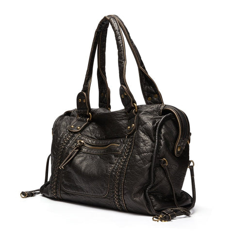 Large Capacity Tote Bag Women Italian Style Soft PU Leather Vintage Washed Shoulder Handbag Purse