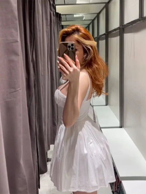 Mini Dress Women Elegant Solid Slim Sleeveless Backless A-Line Pleated Hem Party Dress