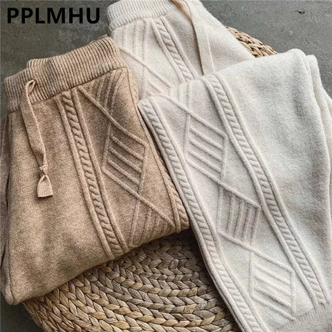 Sweatpants Women Chunky Cable Knit High Waist Thick Harem Ankle-Length Loose Casual Fashion Pants
