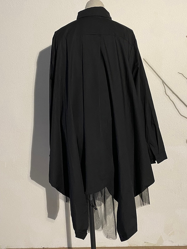Long Sleeve Loose Fit Shirt Dress Women Black Irregular Hem Big Size Lace Shirt Dress