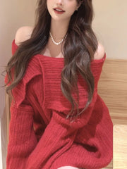 Women's Fashion Sexy White/Red/Khaki Knitted Of Shoulder Sweater Long Sleeve Y2k Elegant Pullover