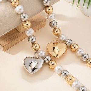 SteamPunk CCB Ball Bead Necklace – Vintage Pearl & Gold Heart Pendant Choker for Women