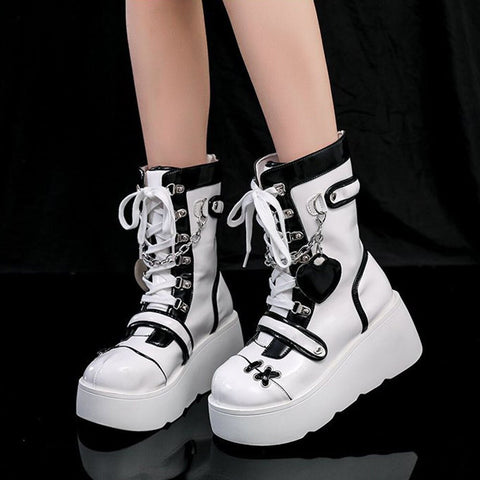 Gothic Platform Mid-Calf Boots Women High Heel PU Faux Leather Wedge Casual Fashion Shoes