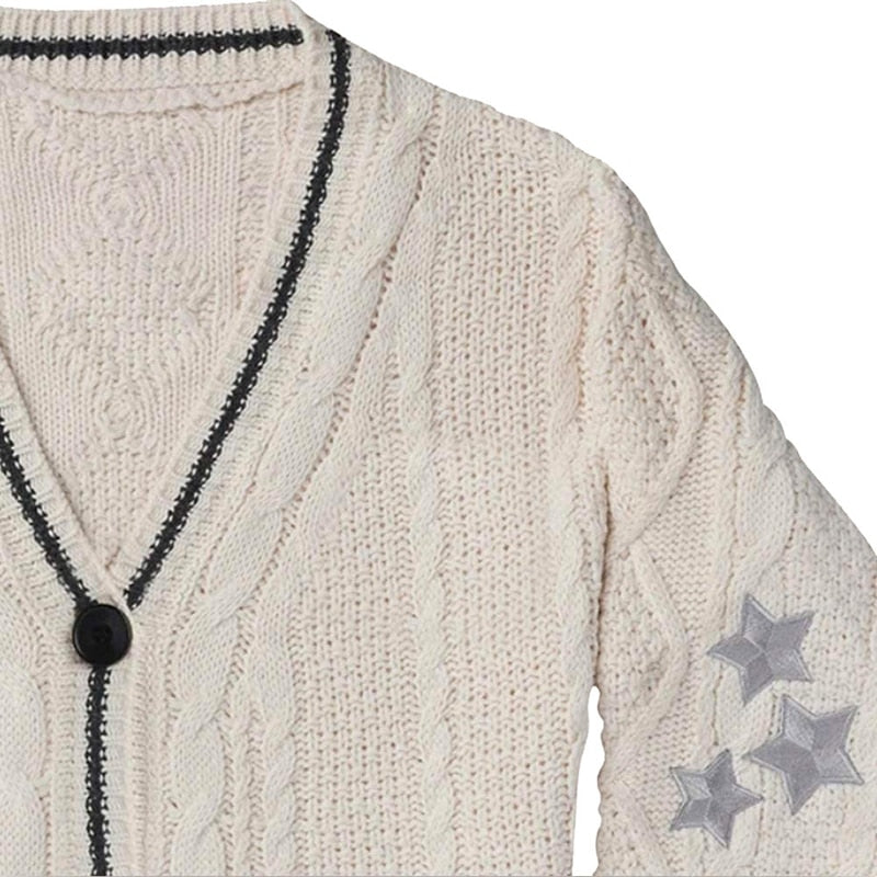 V Neck Long Sleeve Star Print Knitted Cardigan Sweater