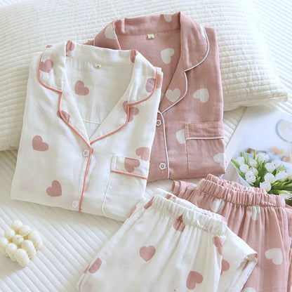 Heart-Print Long-Sleeve Pajama Set 100% Cotton