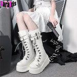 Gothic Mid Calf High Platform Boots for Women High Heel PU Faux Leather Wedge Boots