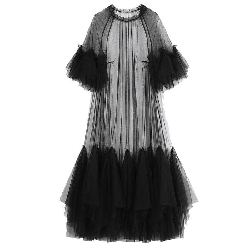 Black Ruffles Three-quarter Sleeve Loose Fit Dress Round Neck Loose Fit Big Size Dress