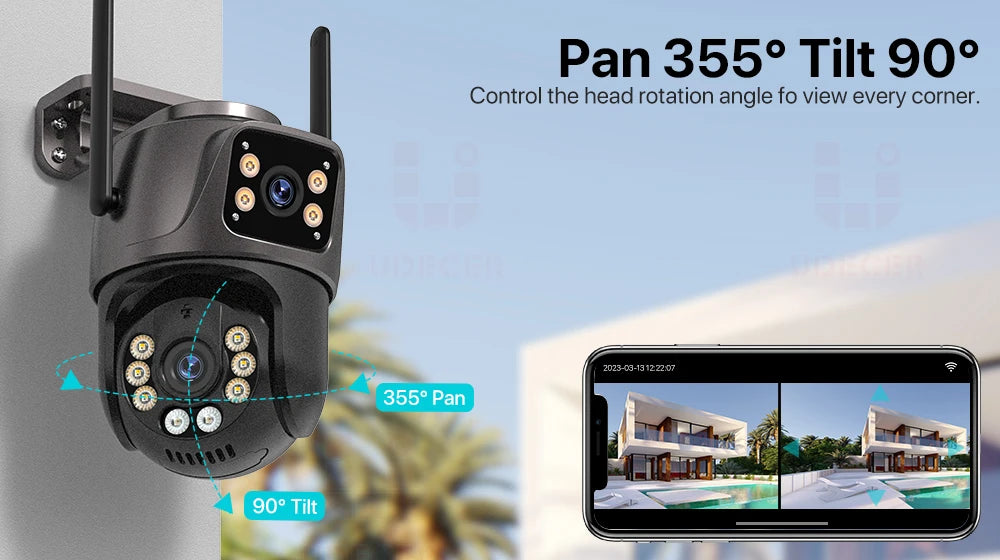 Outdoor security camera with pan and tilt features, displayed on a clear sky background.