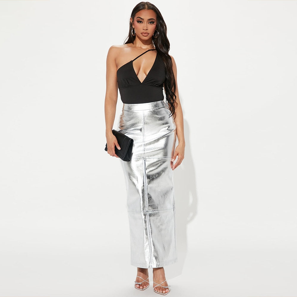 Luxury High Waist Metallic Maxi Skirt Glitter Long Party Skirt for Women