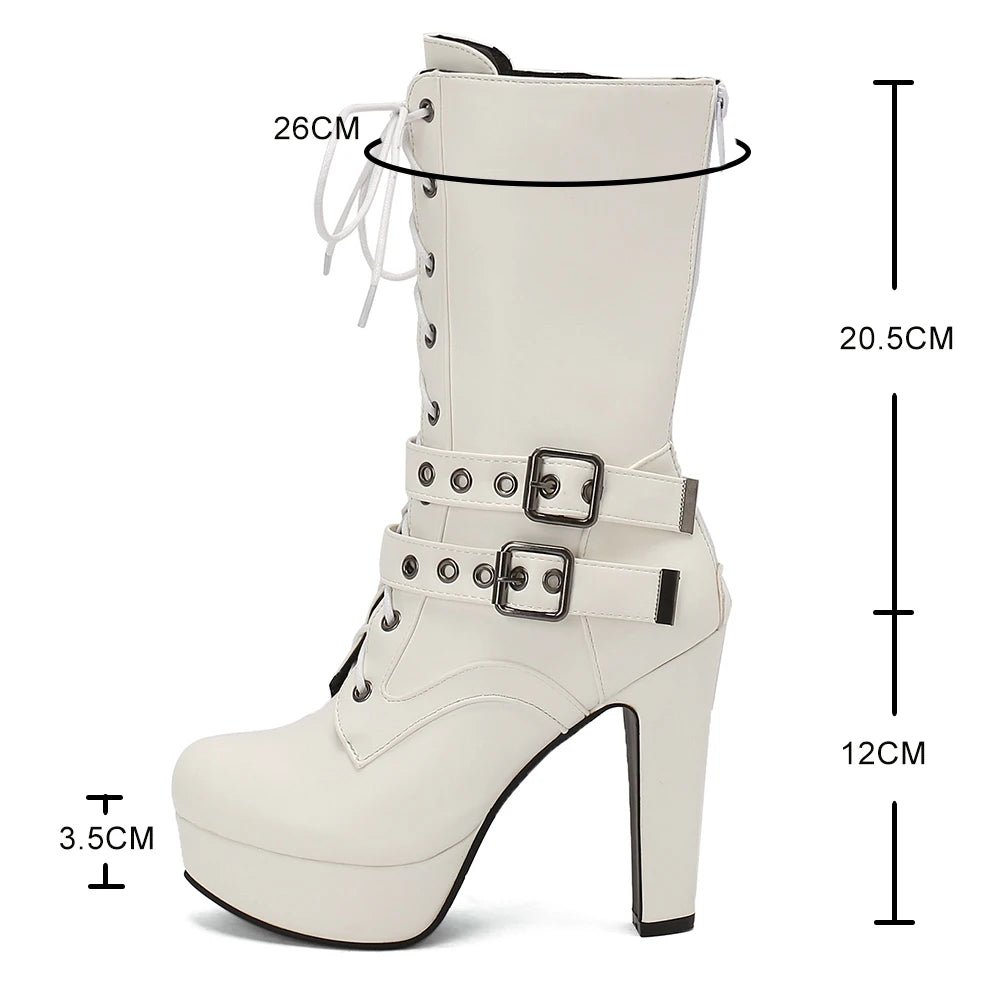 White high-heeled boot with measurements on a white background