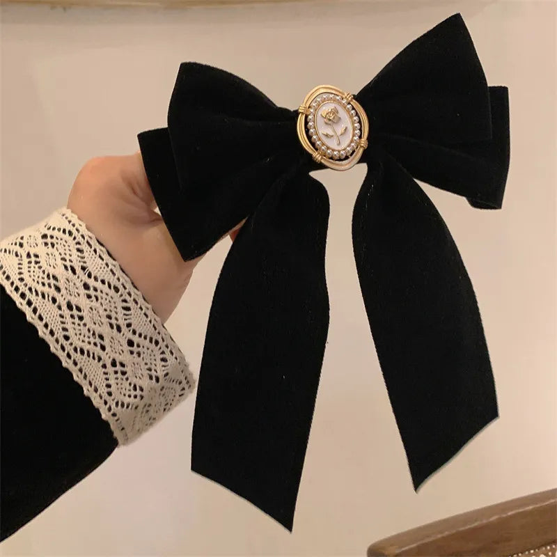 Black Velvet Bow Hair Pins Elegant Fabric & Alloy Rose Hair Clips for Women Fashion Ponytail Barrette Headwear Accessories