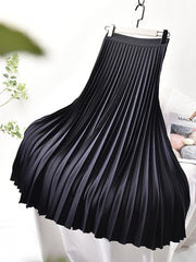 Women's Autumn Winter Spring Elegant Chic Solid Long Pleated Skirt High Waist with Chiffon Liner