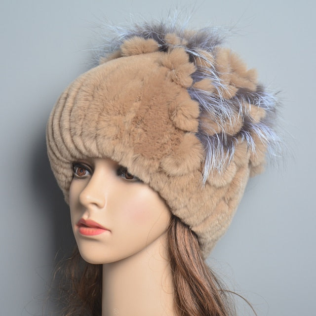 Women's Genuine Rex Rabbit Fur Hat Striped Top Flower Warm Real Fur Knit Beanie Caps