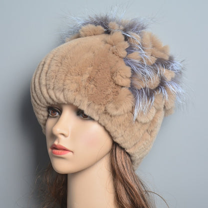 Women's Genuine Rex Rabbit Fur Hat Striped Top Flower Warm Real Fur Knit Beanie Caps