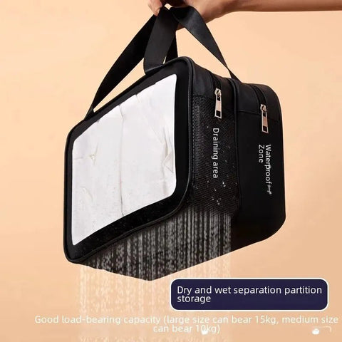 Black travel bag with white interior on a beige background