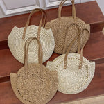 Handcrafted Round Straw Woven Beach Tote Bag Vacation Beach Hollow Out Shoulder Bag