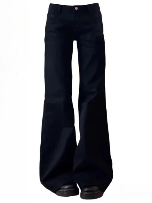 Black bell-bottom pants on a white background