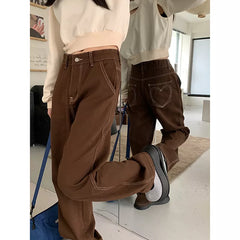 Women's Brown Jeans High Waist Vintage Straight Baggy Denim Pants Streetwear Heart Pocket Pattern Design Wide Leg Denim Trousers