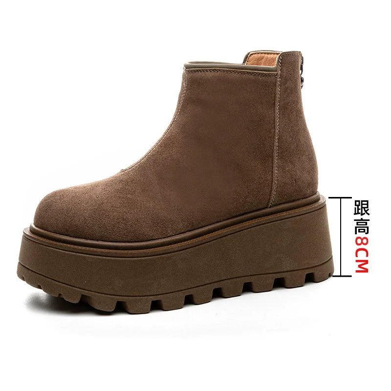 Brown platform ankle boot on a white background with a measurement label.